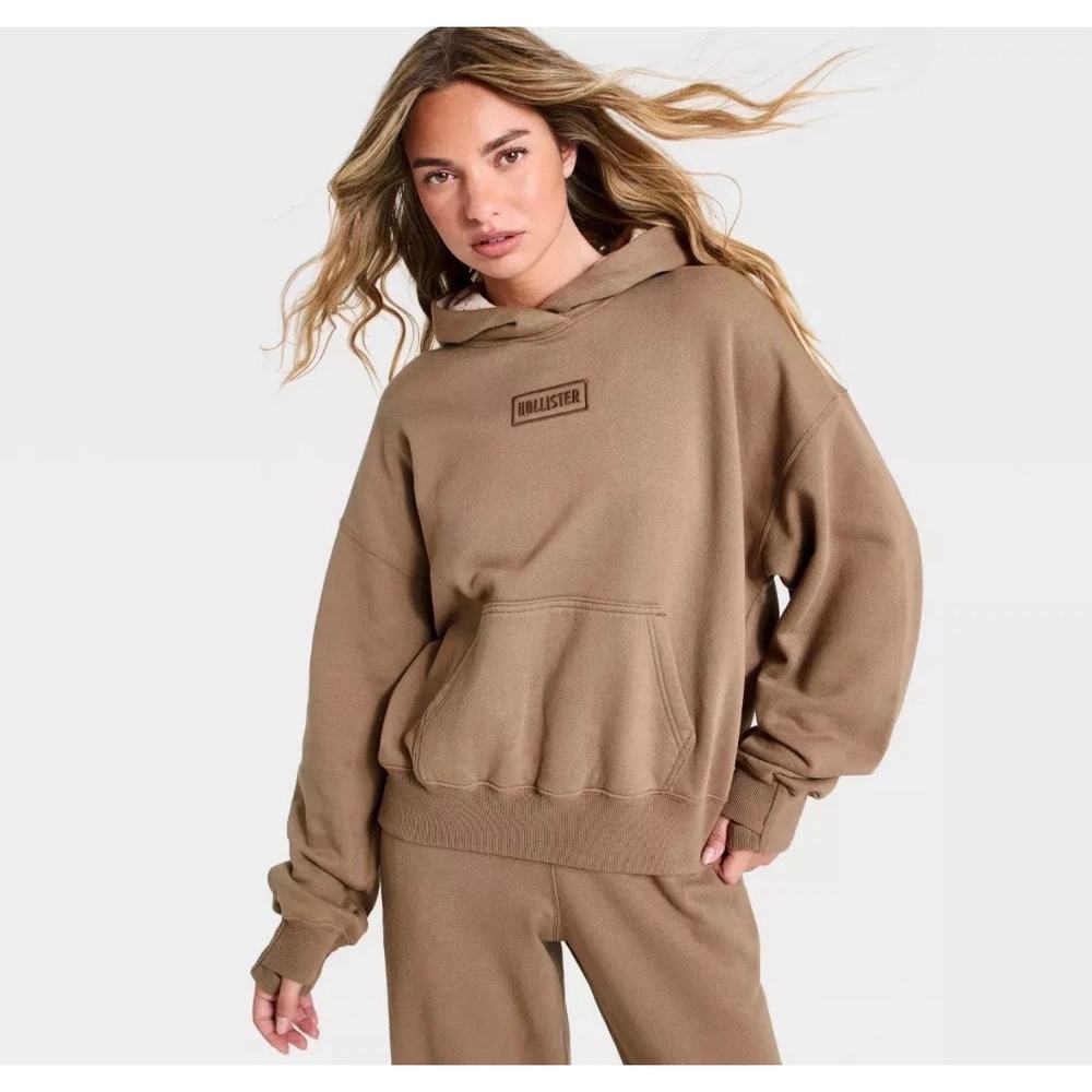 Hollister Womens Oversized Sherpa Lined Hoodie Brown Logo Fleece Sweatshirt